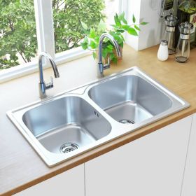 Kitchen Sink Double Basin with Strainer & Trap Stainless Steel