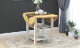 Farmhouse Wooden Round Dining Table Set, Drop Leaf Kitchen Table Set with 2-tier Storage Shelves and 4 Cross Back Chairs for Small Places