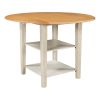 Farmhouse Wooden Round Dining Table Set, Drop Leaf Kitchen Table Set with 2-tier Storage Shelves and 4 Cross Back Chairs for Small Places