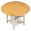 Farmhouse Wooden Round Dining Table Set, Drop Leaf Kitchen Table Set with 2-tier Storage Shelves and 4 Cross Back Chairs for Small Places