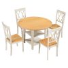 Farmhouse Wooden Round Dining Table Set, Drop Leaf Kitchen Table Set with 2-tier Storage Shelves and 4 Cross Back Chairs for Small Places