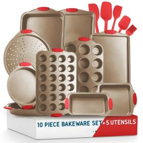 Nonstick Bakeware Set - 15 Piece Bakeware Set with Silicone Handles and Utensils - Oven Safe and Carbon Steel Cookie Sheets;  Baking Sheets (Color: brown)