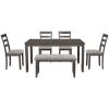 6-Piece Kitchen Simple Wooden Dining Table and Chair with Bench, Fabric Cushion