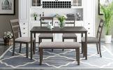 6-Piece Kitchen Simple Wooden Dining Table and Chair with Bench, Fabric Cushion